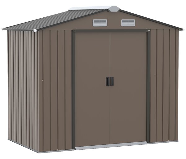 Outsunny 7ft x 4ft Lockable Garden Metal Storage Shed Large Patio Roofed Tool Storage Building Foundation Sheds Box, Brown Aosom UK