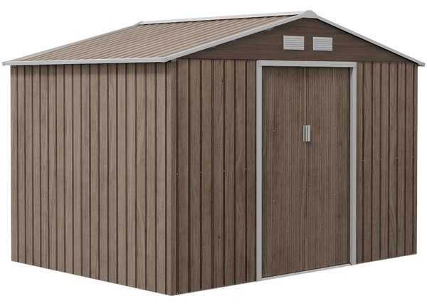 Outsunny 9 x 6ft Steel Garden Shed, Garden Tool Shed with Vents, Foundation and Lockable Double Doors, Brown Aosom UK