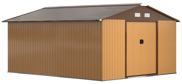 Outsunny 13 x 11 ft Metal Garden Shed Large Patio Roofed Tool Storage Box with Foundation Ventilation and Sliding Doors, Light Brown Aosom UK