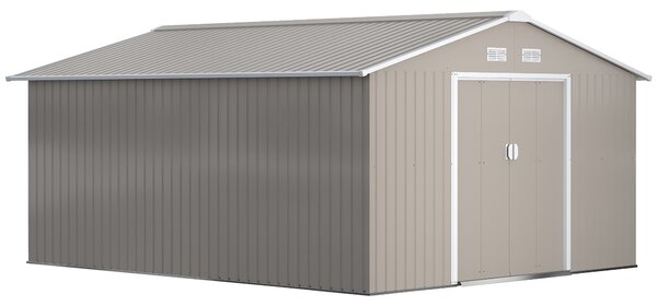 Outsunny 13 x 11ft Large Garden Shed, Mental Garden Storage Shed with Foundation Ventilation & 2 Lockable Doors, Light Grey Aosom UK