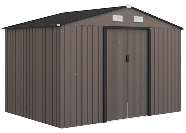 Outsunny 9 x 6ft Metal Garden Shed, Outdoor Storage Tool House with Ventilation Slots and Lockable Double Doors, Brown Aosom UK