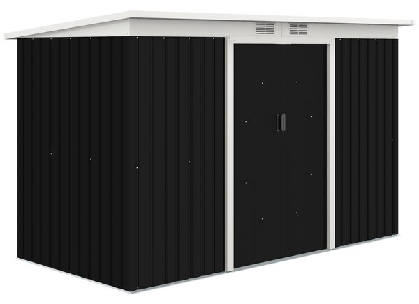 Outsunny 9 x 4 ft Metal Garden Storage Shed Patio Corrugated Steel Roofed Tool Box with Base, Kit Ventilation and Doors, Dark Grey