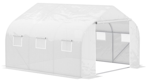 Outsunny 4.5 x 3 x 2m Walk-In Greenhouse Polytunnel Greenhouse Garden Hot House with Steel Frame, Roll Up Door and Windows, White Aosom UK