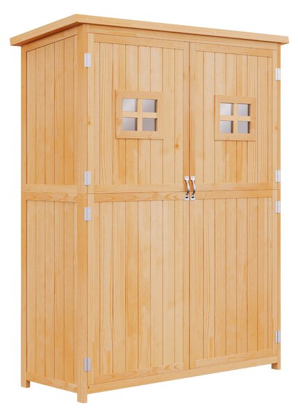 Outsunny Wooden Garden Storage Shed Tool Cabinet Organiser with Shelves, Two Windows, 127.5 x 50 x 164 cm, Natural