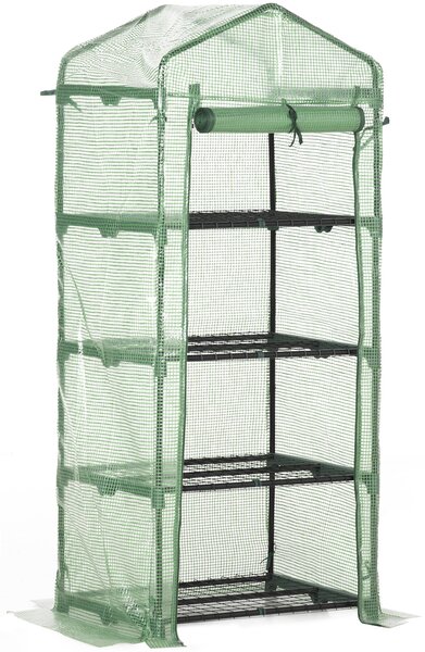Outsunny Mini Greenhouse 4 Tier, Portable with Steel Frame, PE Cover, Roll-up Door, 70 x 50 x 160 cm, Green Aosom UK