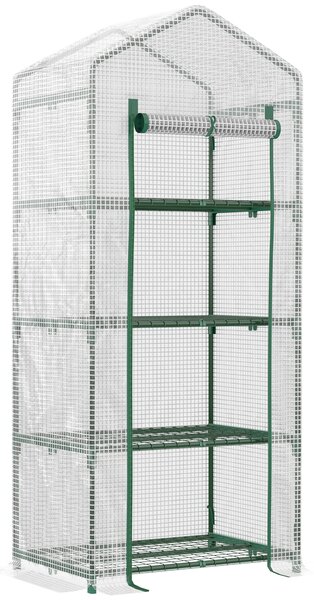 Outsunny 4 Tier Mini Greenhouse, Portable Green House with Steel Frame, PE Cover, Roll-up Door, 70 x 50 x 160 cm, White Aosom UK