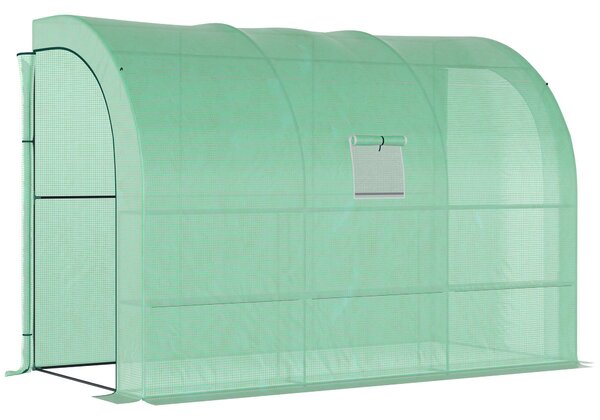 Outsunny Walk-In Lean to Wall Greenhouse with Windows and Doors 2 Tiers 6 Wired Shelves 300L x 150W x 215Hcm Green Aosom UK