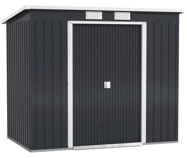 Outsunny Steel Shed with Foundation Kit and Lockable Door, Vents and Sloped Roof, 173H x 213L x 130Wcm, Dark Grey Aosom UK