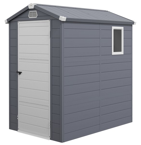 Outsunny Plastic Tool Shed 4.4ft x 6.2ft Aluminium Frame Plastic Wall Shed with Foundation,Grey Aosom UK