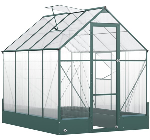 Outsunny Garden Walk-in Aluminium Greenhouse Polycarbonate with Plant Bed ,Temperature Controlled Window, Foundation, 6 x 8ft