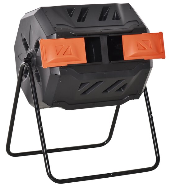 Outsunny 160L Tumbling Compost Bin Outdoor Dual Chamber 360° Rotating Composter, Garden Compost Bin w/ Sliding Doors & Solid Steel Frame, Orange