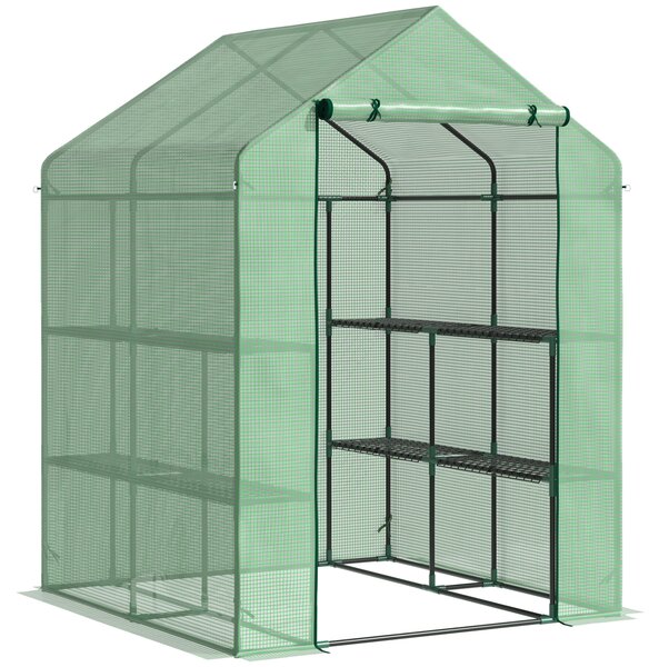 Outsunny Garden Greenhouse, Lean-to Greenhouse with Shelving, Removable Cover Steeple Polytunnel for Nurturing Plants, Verdant Aosom UK