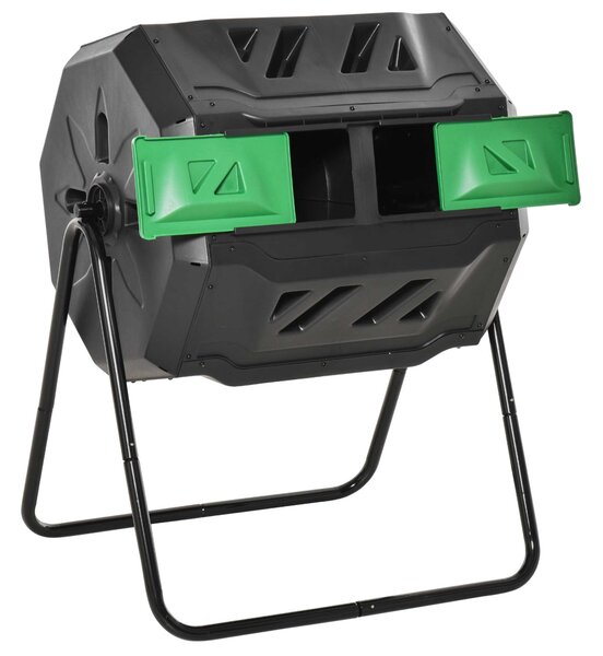 Outsunny 160L Tumbling Compost Bin Outdoor Dual Chamber 360° Rotating Composter w/ Sliding Doors & Solid Steel Frame, Black