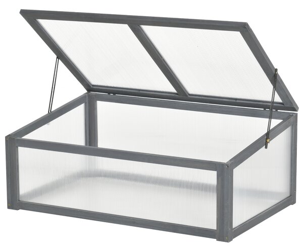 Outsunny Cold Frame Greenhouse, Wooden Frame with Polycarbonate Board, Openable & Tilted Top, 100x65x40cm, Grey Aosom UK