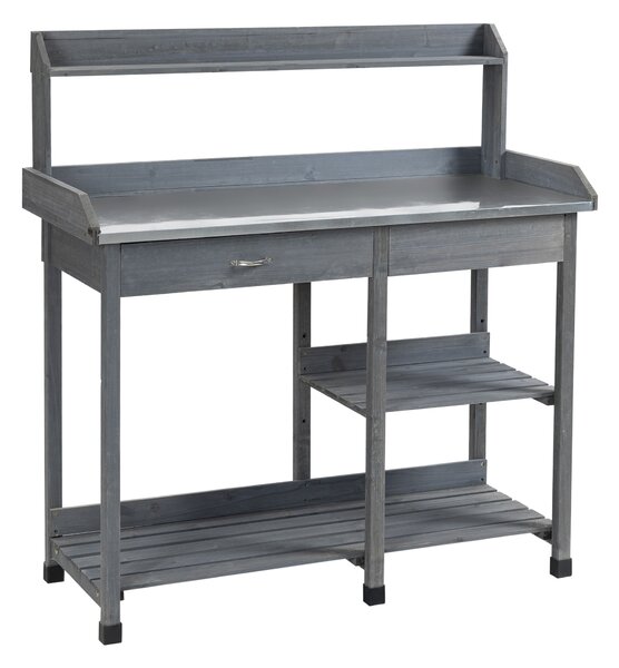 Outsunny Garden Potting Table, Wooden Workstation Bench w/ Galvanized Metal Tabletop, Drawer, Storage Shelves and Hooks for Courtyards, Balcony