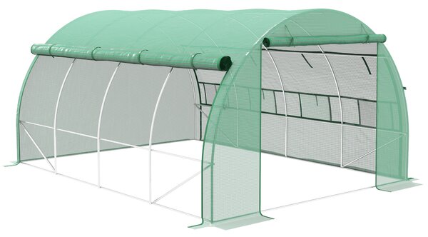 Outsunny Polytunnel Greenhouse Walk-in Grow House Tent with Roll-up Sidewalls, Zipped Door and 8 Windows, 4x3x2m Green Aosom UK