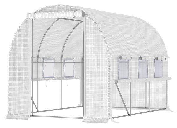 Outsunny 3 x 2 x 2m Walk-in Tunnel Greenhouse, Polytunnel Tent with PE Cover, Zippered Roll Up Door and 6 Mesh Windows, White