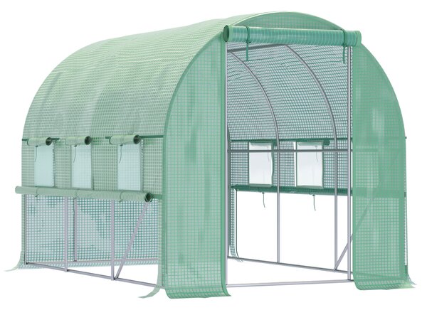 Outsunny Walk In Greenhouse, Garden Polytunnel with PE Cover, Zipped Roll Up Door and 6 Mesh Windows, 3x2x2m, Green Aosom UK