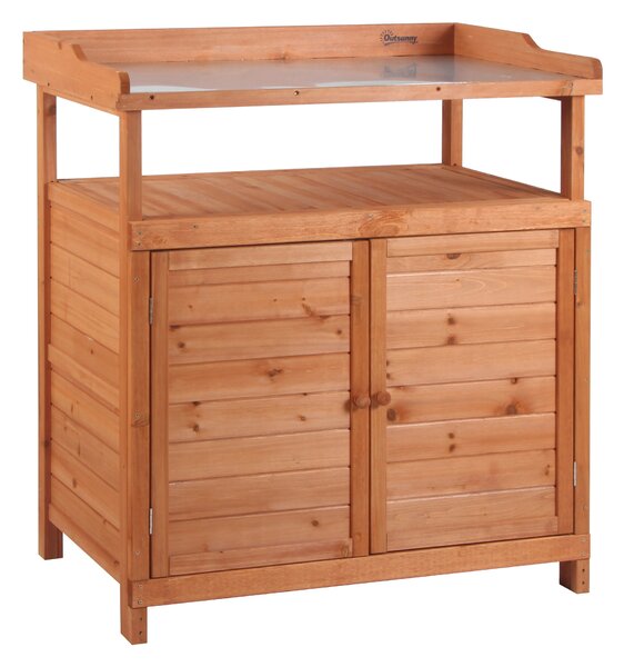 Outsunny Potting Bench Table, Multi-function, with Storage Cabinet, Galvanized Table Top, Wooden Planting Workstation, 98cm x 47cm x 105cm Aosom UK