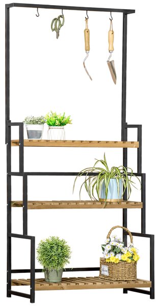 Outsunny 3 Tiered Plant Stand with Hanging Hooks, Flower Rack Shelf for Indoor Outdoor Porch Balcony Living Room Bedroom