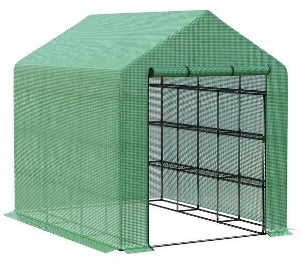Outsunny Poly Tunnel Steeple Walk in Garden Greenhouse with Removable Cover Shelves - Green 244 x 180 x 210cm