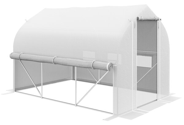 Outsunny 3 x 2m Walk-in Polytunnel Greenhouse, Zipped Roll Up Sidewalls, Mesh Door, Mesh Windows, Tunnel Warm House Tent w/ PE Cover, White Aosom UK