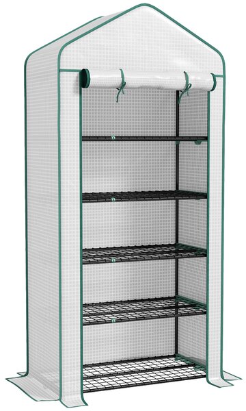 Outsunny 5 Tier Widened Mini Greenhouse w/ Reinforced PE Cover, Portable Green House w/ Roll-up Door & Wire Shelves, 193H x 90W x 49Dcm, White