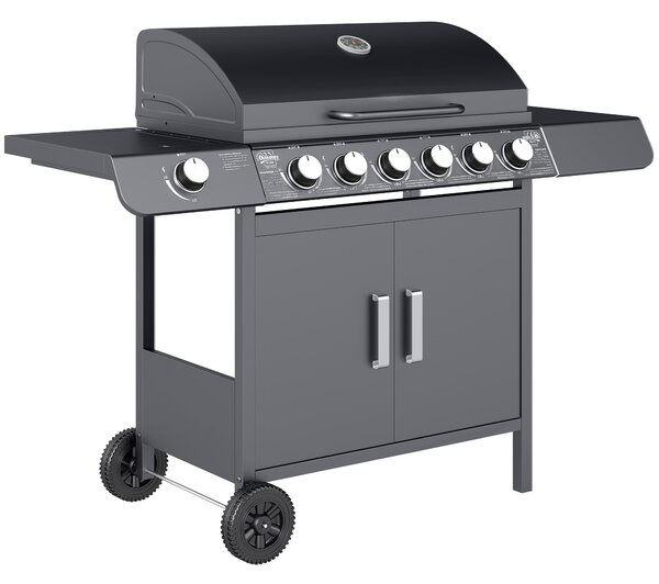 Outsunny 6+1 Burner Gas BBQ Grill, Outdoor Barbecue Trolley with Wheels, Warming Rack, Side Shelves, Cabinet, Thermometer for Garden, Party, Camping, 135 x 51.5 x 100cm, Grey