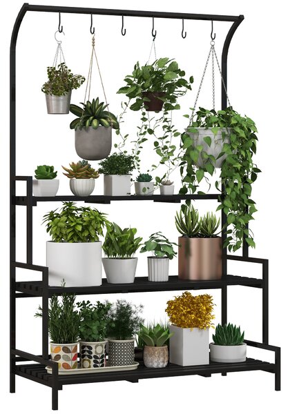 Outsunny 3 Tiered Plant Rack with Hanging Hooks, Tall Plant Stand for Indoor Outdoor Porch Balcony Use, Black