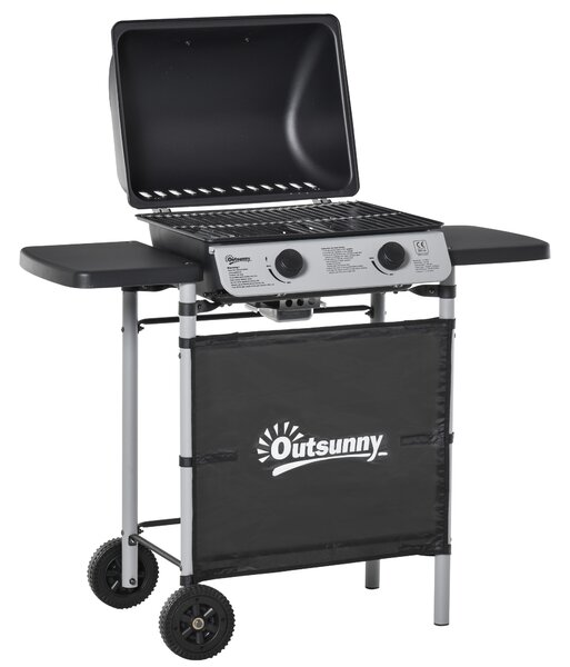 Outsunny 2 Burner Gas Barbecue Grill Propane Gas Cooking BBQ Grill 5.6 kW with Side Shelves Wheels