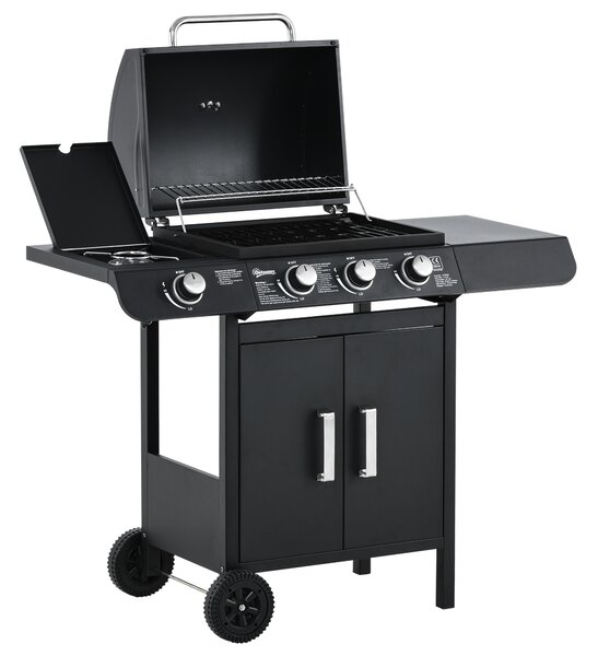 Outsunny Gas BBQ Gas Grill Barbecue 3+1 Burner Garden BBQ Trolley w/ Side Burner Warming Rack Side Shelves Piezo Ignition 110x50x100cm Aosom UK