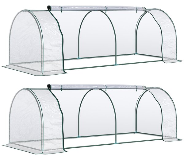 Outsunny Set of 2 Tunnel Greenhouse, Green Grow House with Roll-up Door, Steel Frame, Plastic Cover for Garden, Outdoor, 250 x 100 x 80cm, Clear