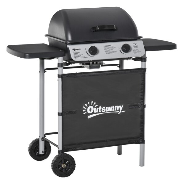 Outsunny 2 Burner Gas BBQ Trolley with Lid, 5.6 kW Gas Barbecue Grill with Wheels, Side Shelves, Grey