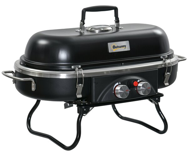 Outsunny Foldable Gas BBQ Grill 2 Burner Table Top Barbecue w/ Lid Piezo Ignition Thermometer for Camping Picnic Cooking, Aluminium Alloy