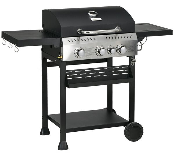 Outsunny Galvanised Steel 3+1 Gas Burner BBQ Grill Trolley, Black Aosom UK