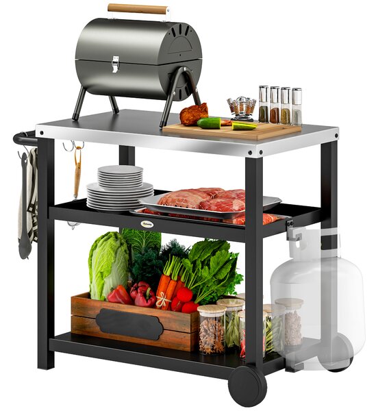 Outsunny Outdoor Grill Dining Cart 3-Shelf Movable Pizza Oven Table Stand with Stainless Steel Top, Portable BBQ Trolley Food Prep Outdoor Kitchen BBQ Station with Hooks Wheels Handle, Charcoal Grey