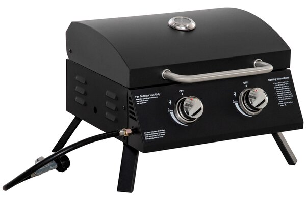 Outsunny 2 Burner Gas Barbecue Grill Garden Portable Tabletop BBQ w/ Folding Legs, Lid, Thermometer, Carbon Steel Body, Black