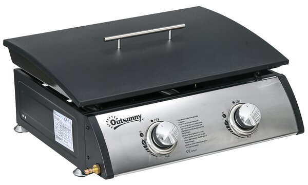 Outsunny Portable Tabletop Gas Plancha Grill w/ 2 Stainless Steel Burner, 10kW, Non-Stick Griddle for BBQ Camping Picnic Party