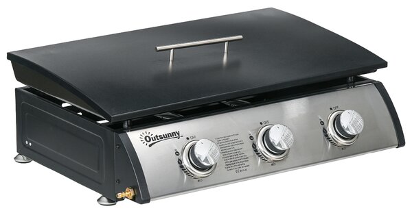 Outsunny 3 Burner Gas Plancha BBQ Grill with Lid, Black