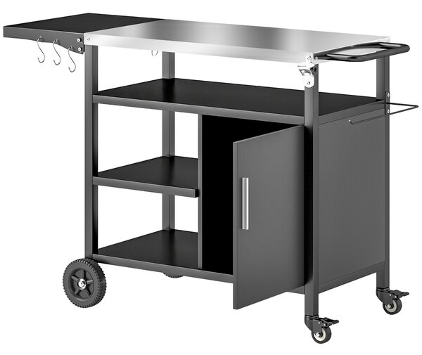 Outsunny Outdoor BBQ Trolley with Foldable Side Table, Stainless Steel Top, Outdoor Kitchen with Wheels Hooks Shelves Cabinet, Pizza Oven Table Movable Outdoor Grill Dining Cart with Cover, Black