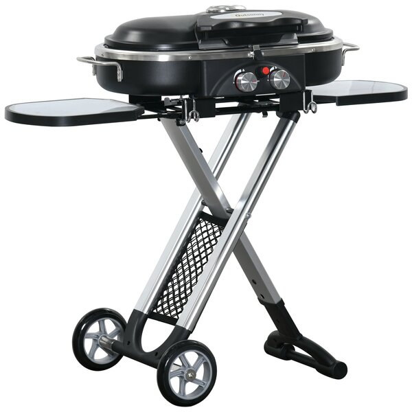 Outsunny Foldable Gas BBQ Grill 2 Burner Garden Barbecue Trolley w/ Lid Side Shelves Pocket Piezo Ignition Thermometer, Aluminium Alloy Aosom UK