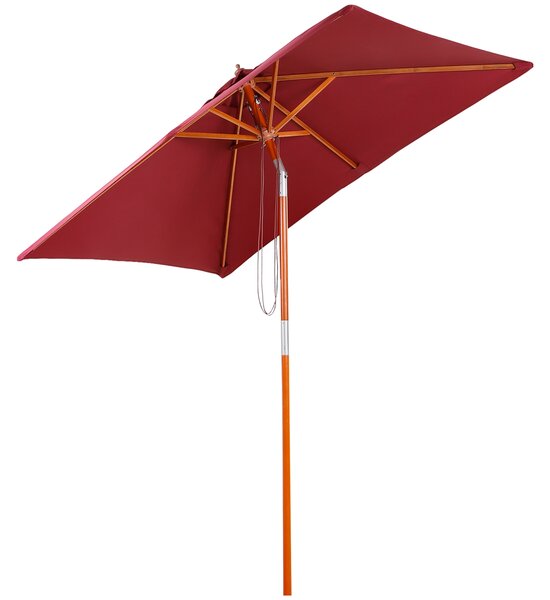 Outsunny 2 x 1.5m Patio Garden Parasol Sun Umbrella Sunshade Canopy Outdoor Backyard Furniture Fir Wooden Pole 6 Ribs Tilt Mechanism - Wine Red