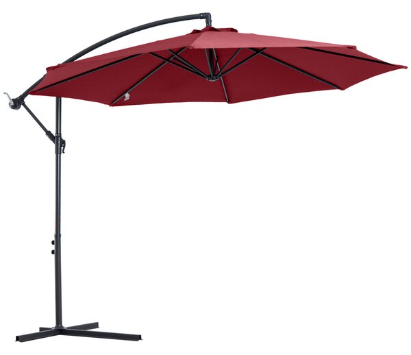 Outsunny 3m Outdoor Garden Umbrella, Cantilever Parasol, Patio Hanging Sun Shade with Crank Handle, Wine Red Aosom UK