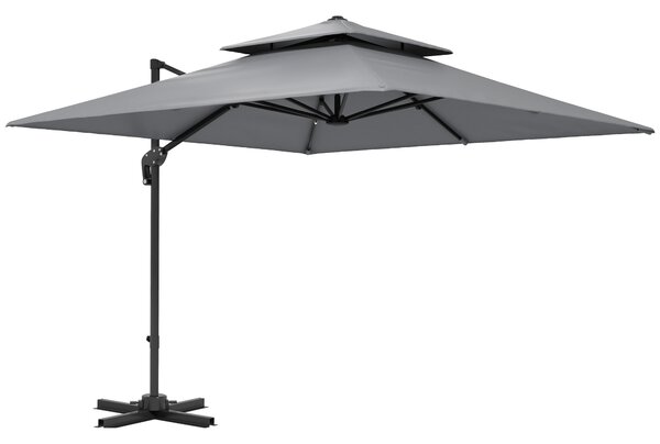 Outsunny 3 x 3(m) Cantilever Parasol with Aluminium Frame, Crank and Tilt, 360° Rotation, Double Top Garden Umbrella with Base and Cover, Light Grey