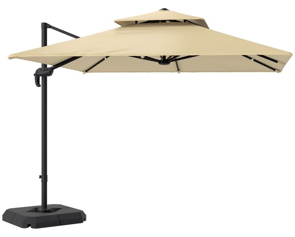 Outsunny 2.7 x 2.7(m) Cantilever Parasol with Aluminium Frame, Crank and Tilt, 360° Rotation, Double Top Garden Umbrella with Base and Cover, Khaki