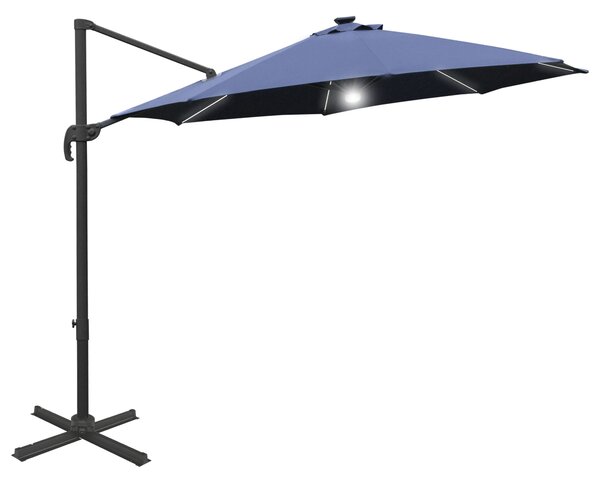 Outsunny Waterproof 3(m) Cantilever Roma Parasol Garden Sun Umbrella Outdoor Patio with LED Solar Light Cross Base 360° Rotating, Blue Aosom UK