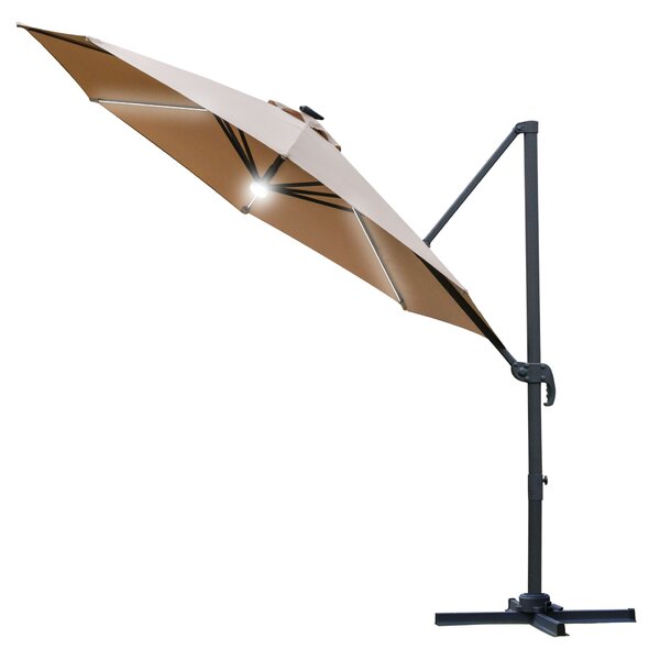 Outsunny Waterproof 3(m) Cantilever Roma Parasol Garden Sun Umbrella with LED Solar Light Cross Base 360° Rotating, Brown Aosom UK