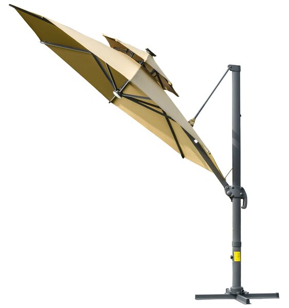 Outsunny 3m Cantilever Parasol w/ Solar Lights Power Bank Cross Base Adjustable Canopy 360° Spin Outdoor Garden Umbrella 2-Tier Roof Sun Shade Khaki