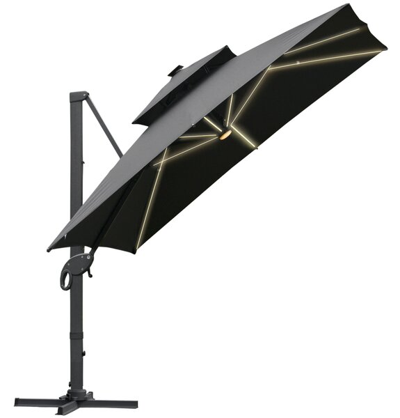 Outsunny 3 x 3(m) Cantilever Roma Parasol Garden Sun Umbrella Outdoor Patio with LED Solar Light Cross Base 360° Rotating for Backyard Dark Gray