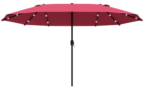 Outsunny 4.4m Double-Sided Sun Umbrella Garden Parasol Patio Sun Shade Outdoor with LED Solar Light, NO BASE INCLUDED, Wine Red